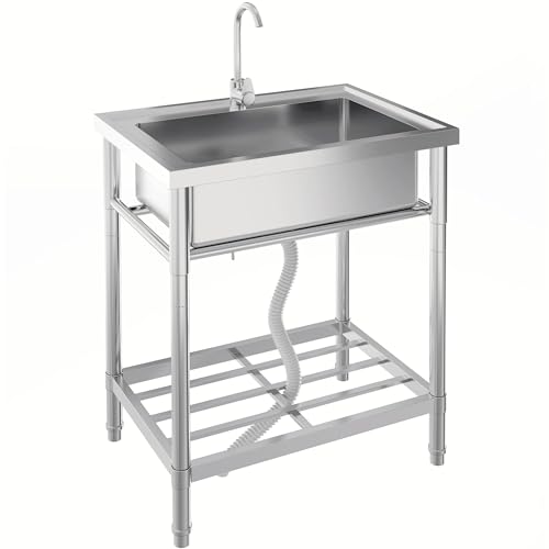 Stainless Steel Utility Sink Free Standing Laundry Sinks with Faucet Cold/Hot Water Pipe & Storage Shelves 28in Commercial Single Bowl Sink for Food Prep Washing