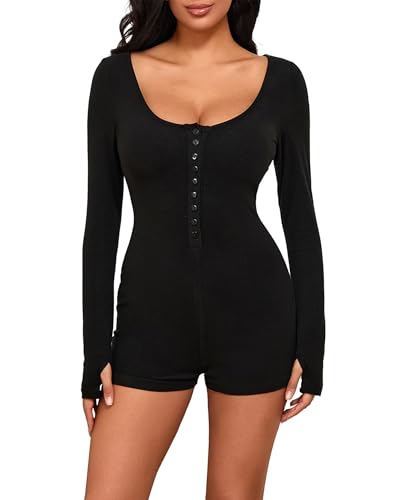 Alinelle Women Button Down Shorts Jumpsuit Scoop Neck Long Sleeve Bodycon Romper Pajamas Y2K Slim Fit One Piece Bodysuit (Black A, S)