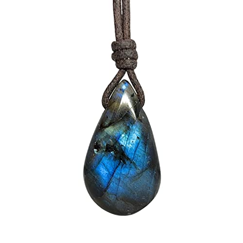 Luck Strings Labradorite Crystal Pendant Necklace Healing Chakra Crystal Necklace Natural Polished Blue Flash Raw Stone Jewelry For Women Men - Unisex Gemstone Adjustable Choker #TOP25