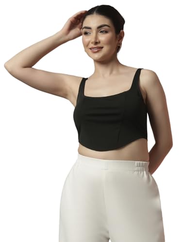 Image of Trend Arrest.ed Women's Stretchable Corset Style Crop Top | Square Neck Sleeveless Zipper Back Body-Hugging Fit | Casual