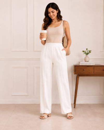 Image of Women's Mid Rise Wide Leg Trousers with Elastic Waist & Pockets