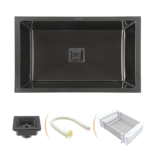 Image of Ruhe Black Handmade Single Bowl Kitchen Sink - 32x20x10 inches | 304-Grade Stainless Steel Sink | PVD Coating Matte Finish | Kitchen Sink Including Coupling, Waste Pipe & Vegetable Washing Basket
