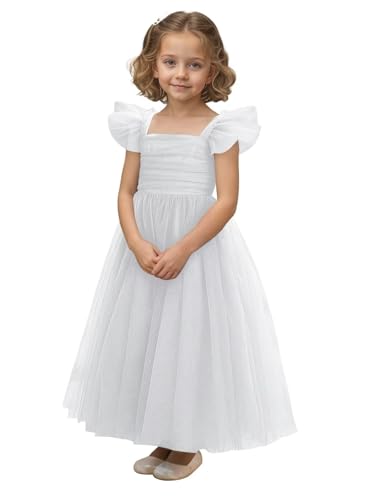 Sparkly Tulle Flower Girl Dress Elegant Square Neck Ruffle Sleeves Princess Girls Wedding Party Long Ball Gowns