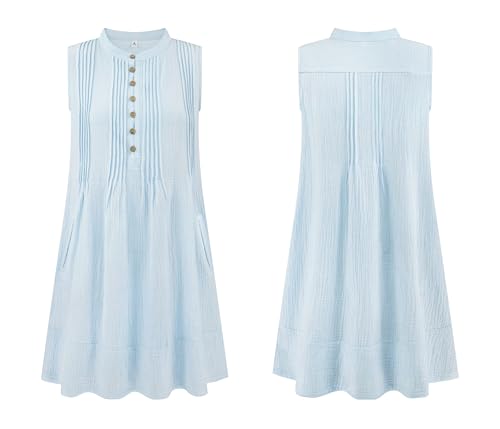 Image of R.Vivimos Sleeveless Cotton Casual Dresses for Women Summer 2026 Button Up Ruched Loose Tunic Mini Dress with Pockets