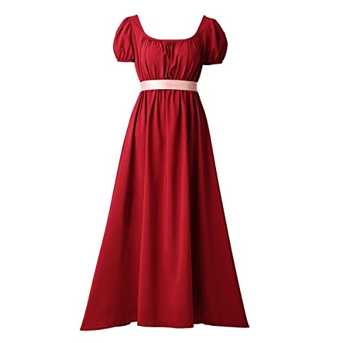 COSDREAMER Vestido de regencia Retro Victoriano de Cintura Alta para Mujer, Vestido de regencia Retro con Volantes y Manga abullonada, Rojo Vino, L