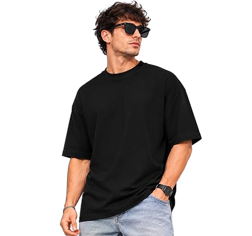 Image of Oheebazar Premium Black Oversized T-Shirt for Men | 240 GSM Heavy Cotton | Loose Fit Plain Streetwear Tee