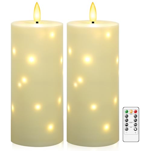 Image of kakoya 10 inch x 4 inch Large Outdoor Waterproof Flickering Flameless Candles with Timer,2Pcs Battery Operated LED Pillar Candles with Embedded Star String for Outdoor Lanterns,Porch,Patio Decor(Ivory)