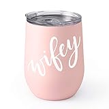 xo, Fetti Wifey Wine Tumbler - 12 oz Matte Stainless Steel Stemless Cup w/ Lid, Pink + White | Gifts for Bride, Wedding Wine Mug, Engagement, Bridal Shower + Bachelorette
