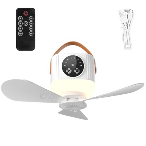 BEOSIOR Portable Camping Fan with LED Light 3600mAh Rechargeable Tent Fan for Outdoor Car Remote Control Detachable Blades Timer 4 Speeds USB Rechargeable Ceiling Fan for Camping Essentials