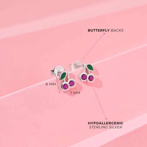 925 Sterling Silver Glittering Cherry Standard Push Back Earrings For Young Girls & Preteens - Small Fuchsia Cubic Zirconia Stone Cherry Earrings For Little Girls - Fruit Earrings For Chidren4