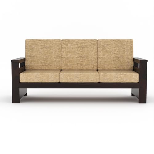 Image of Sheesham Wooden 3 Seater Sofa for Living Room | Rosewood 3 Seater Cushion Sofa Side Half Moon Rack | Solid Wood Sofa Set for Lounge (3 Seater,Walnut)