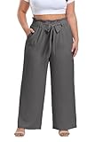 OLRIK Plus Size Pants for Women Wide Leg with Belt Casual Loose Paper Bag Pants Elastic High Waisted Trousers Flowy Smoky Gray-2X