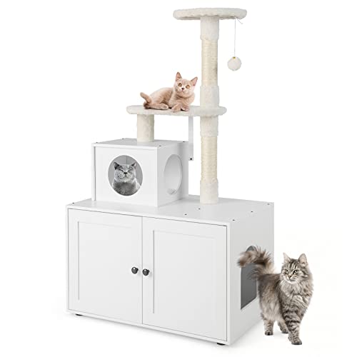 PETSITE Cat Litter Box Enclosure Furniture with Cat Tree, 2-in-1 Cat Tower with Cat Washroom, Large Wooden Hidden Litter Box with Scratching Posts, Cat Condo and Dangling Ball (White)