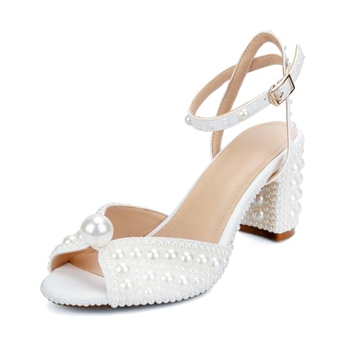 Image of Goolita Pearl Heels For Women Mid Block Ankle Strap Heeled Sandals Round Open Toe Party Evening Bridal Shoes For Wedding