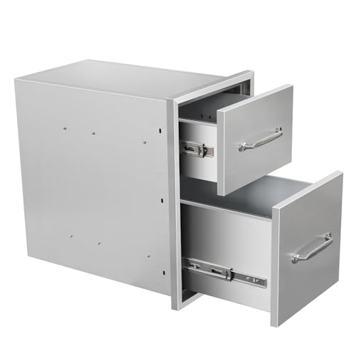 Image of Outdoor Kitchen Drawers 14 inch W x 21 inch H x 21 inch D Stainless Steel Drawer BBQ Double Drawers with Chrome Handle for Outdoor Kitchen Island, Patio Grill Station