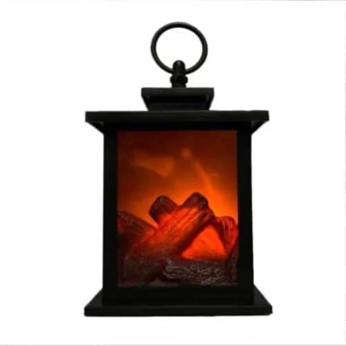 7cm High Black Flameless Fireplace Lantern Led Flame Log Effect Rectangle Fire Place Lantern Battery Operated Fireplace for Home Decor Indoor Christmas Ornaments (Battery not Included)