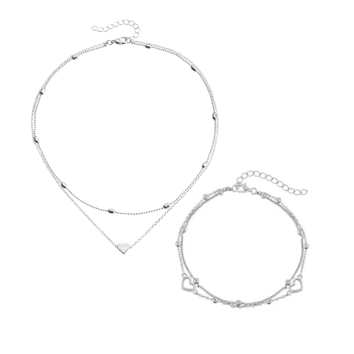 Layered Herz Halskette Kette, Verstellbare Herz Armband Damen, Damen Doppelkette Halskette, Personalisierte Geburtstagsgeschenk für Frauen Mädchen (S1)