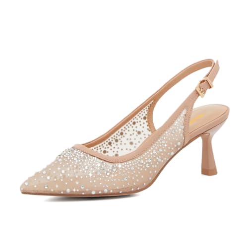 XYD Women Pointed Toe Slingback Pumps with Sparkle Rhinestones Translucent Mesh Low Heels Crystal Evening Shoes