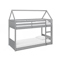 Kids Bunk Bed Frame Single Bed High Sleeper for Children with House Roof Canopy, Single Wooden Bunk Beds, Frames & Bases Available in White, Grey and Pastel Green (Pale Grey)