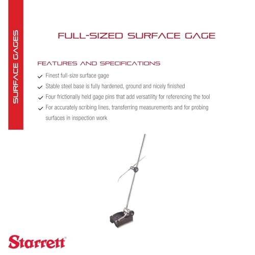 Image of Starrett Full-Sized Surface Gage with Fully Hardened, Ground and Nicely Finished Stable Steel Base - 9 inch /12 inch Spindle Length, 2-7 /8 x 2-3 /8 inch Base Size - 257B