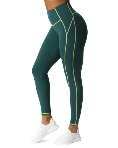 Aoxjox Workout Leggings for Women High Waisted Lexi Lined Exercise Athletic Gym Fitness Yoga Pants 26 (Dark Sea Green/Lime Green Medium)
