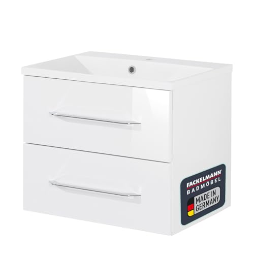 FACKELMANN B.Clever Waschtischunterschrank mit Gussbecken, 60 x 51 x 46 cm, Korpus Weiß matt, Front Weiß Hochglanz, hängend – Modernes Design für Dein Badezimmer