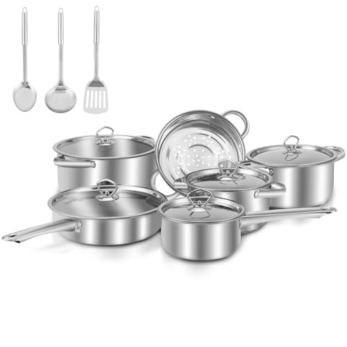 La mejor selección de Sartenes y ollas al mejor precio. 50 Bateria de Cocina de 14 Piezas, Juego de Sartenes Y Ollas de Acero Inoxidable para Todo Tipo de Estufas Y Horno, Batería de Cocina Con Utensilios de Cocina Y Tapas, Lavaplatos...