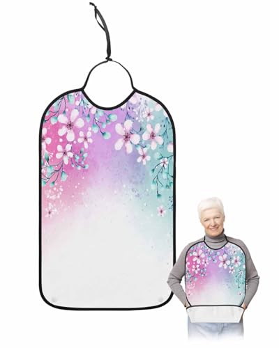 LEOKOTI Spring Floral Adult Bibs for Eating, Waterproof Bibs with Food Catcher & Adjustable Snap Closure, Pink Purple Teal Ombre Summer Botanical Washable Clothing Protectors Adult Bibs for Elderly