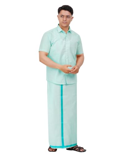 Image of Men's Traditional Indian Shirt and Dhoti Set, Half Sleeves Tissue Silk Cotton Shirt With Dhoti 2 metres for men