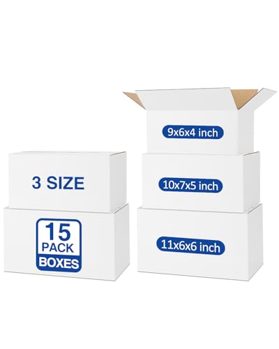 Poever Cajas de envío de varios tamaños, paquete de 15 unidades: 9 x 6 x 4 y 10 x 7 x 5 y 11 x 6 x 6 pulgadas, cajas de envío pequeñas, cajas blancas, cajas de cartón corrugado para embalaje de correo