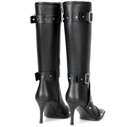 Knee High Boots for Women Pointed Toe Buckle Strap Stiletto Heel Boots Rivets Stud Tall Sexy Dress Long Boots with Zipper3