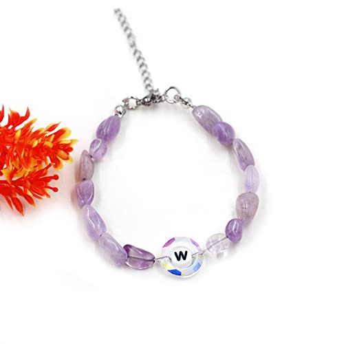 Image of Uloveido Purple Natural Stone and Austrian Crystal Letter Bracelet, Personalized Initial Jewelry for Women A-Z 26 Letters