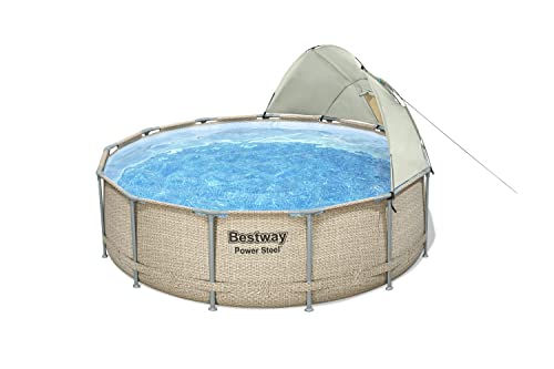 Bestway Power Steel Frame Pool Komplett-Set mit Filterpumpe Ø 396 x 107 cm , Rattan-Optik (Ecru), rund