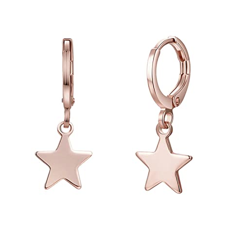 Or Jaune 9K boucles d'oreilles créoles polies et étoiles précieuses pour femme