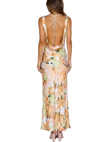 Image of KOUNAI Satin Backless Formal Maxi Dresses for Women Wedding Guest | Silk,Cowl Neck,Drape Neck,Open Back,Sleeveless,Tie Back,Elegant,Cocktail,Bridesmaid,Beach,Vacation,Party,Graduation,Midi