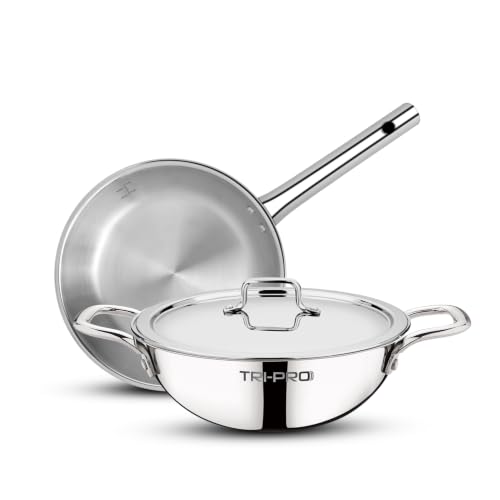 Image of TriPro TriPly Stainless Steel 3 Pcs Cookware Set - Kadai 22cm (2.3L) and Frypan 22cm (1L) with a Common Stainless Steel Lid, Consumes Less Oil, Healthy Cooking - Induction and Gas Stove Ready