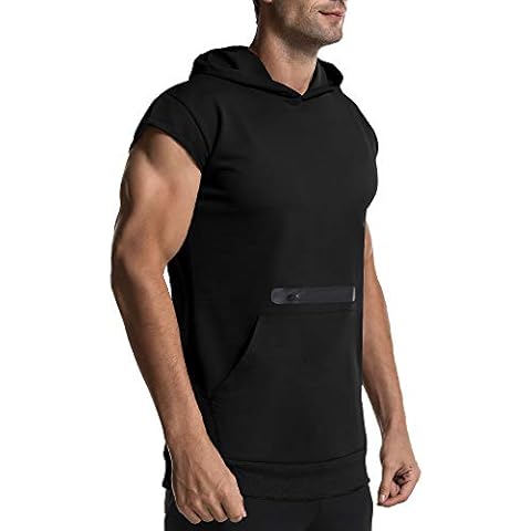 EVERWORTH Men's Workout Sleeveless Hoodies Gym Bodybuilding Tank Tops Casual Muscle Fitness Short Sleeve Shirts - black - Large Cover