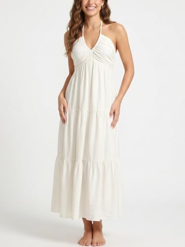 Image of Women's Casual Halter Tiered Vacation Maxi Dress with Pockets