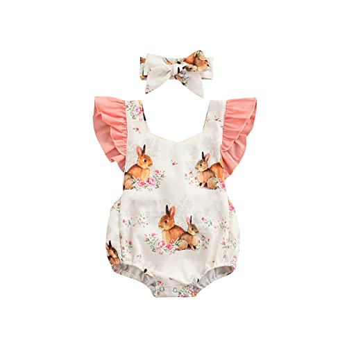 Image of Newborn Baby Girl Easter Outfit Infant Bunny Onesie Ruffle Romper Dress Rabbit Jumpsuit with Headband Summer Clothes