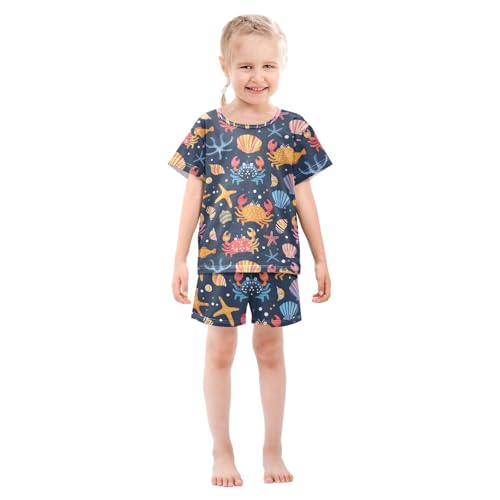 ALAZA Colorful Crab Seashell Starfish Blue Pajamas Short Sleeve 2 Piece Sleepwear Top and Bottom Pajama Set Unisex3
