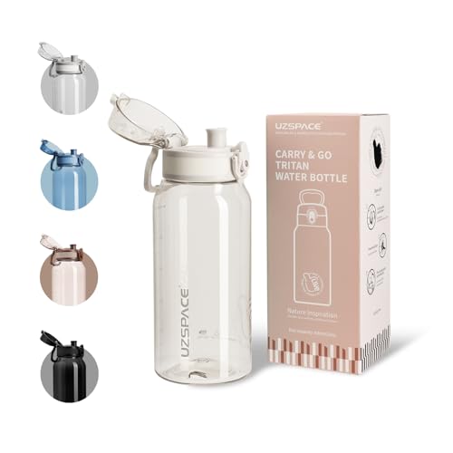 UZSPACE Botella Agua 600ml, Botella Agua Niño sin BPA, A Prueba de Fugas, Apertura de un Clic, Cantimplora infantil con Asa para Colegio, Bicicleta, Running (Blanco Escarcha)