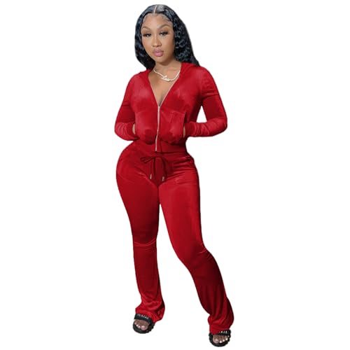 yidengymx Womens 2 Piece Velour Tracksuit Two Piece Outfits for Women Long Sleeve Zip Up Crop Tops Sweatpants Sets Pockets X-Small Hoodie/Wide Leg Pants-red