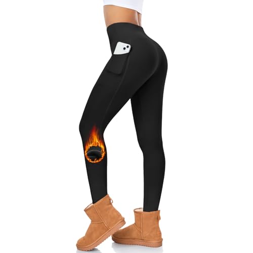 FuelMeFoot Thermo Leggings Damen Gefüttert Fleece High Waist Thermounterwäsche Warm Lang Strümpfhose Blickdicht Winter.01-Schwarz Seitentaschen L/XL