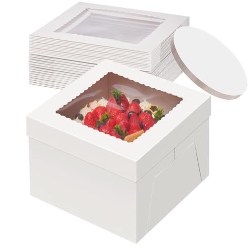 Hengrongshen 10 Pack Cajas para Tartas, 25,4 x 25,4 x 20,3cm Caja de Cartón Blanca Con Ventana y 10 Bandejas Redondas