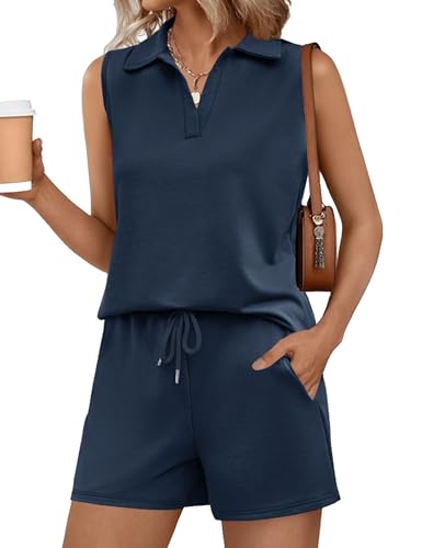 Rapbin Lounge Sets for Women Summer 2 Piece Outfits Casual Vacation Travel Matching Fashion Clothing (Navy Blue, L)