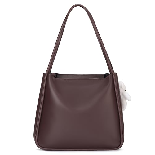 Image of SIJJEEL Women's Handbag Synthetic Leather Shoulder Bag with Bear Charm Tote One Size Women's Shoulder Bag Faux Leather Tote