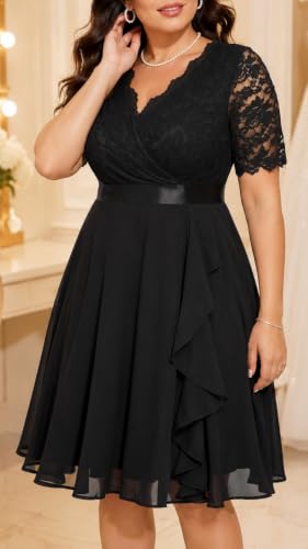Image of Talisea Plus Size Wedding Guest Lace Chiffon Ruffle Tea Length Dress