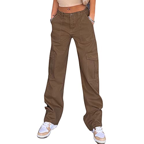 Vertvie Damen Low Waist Jeanshose Street Fashion Gerade Breites Bein Cargohose y2k Vintage Baggy Pants Retro Trouser mit Taschen Herbst Winter Streetwear (Braun,S) Cover