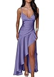 Memoriesea Women's Sexy Satin V Neck High Slit Ruffle Hem Party Evening Maxi Dress Purple