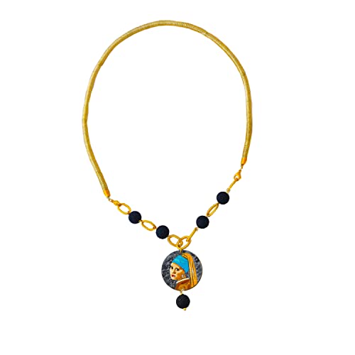Arte Lisanti Collar con colgante pintado a mano – La joven de la perla de Vermeer – Collar con colgante pintado a mano, medallón de madera pintado a mano, joya elegante en madera totalmente pintada